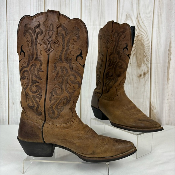 Justin McKayla Boots Embossed Leather Pointed Toe Western Boot Brown Size 9 - Picture 2 of 16